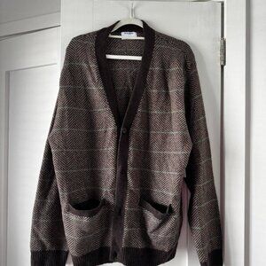 Men's Brown Herringbone Cardigan with Green Stripes